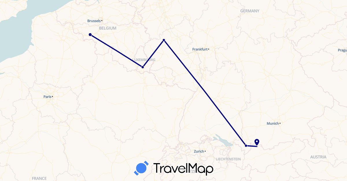 TravelMap itinerary: driving in Austria, Belgium, Germany, Luxembourg (Europe)